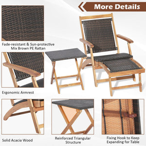 3 Pieces Patio Rattan Folding Lounge Chair Set of 2 with Acacia Wood Table view 9