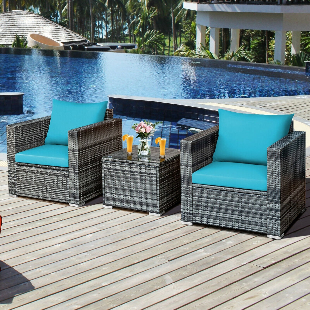 3 Pieces Patio Rattan Furniture Bistro Sofa Set with Cushioned-Turquoise view 2