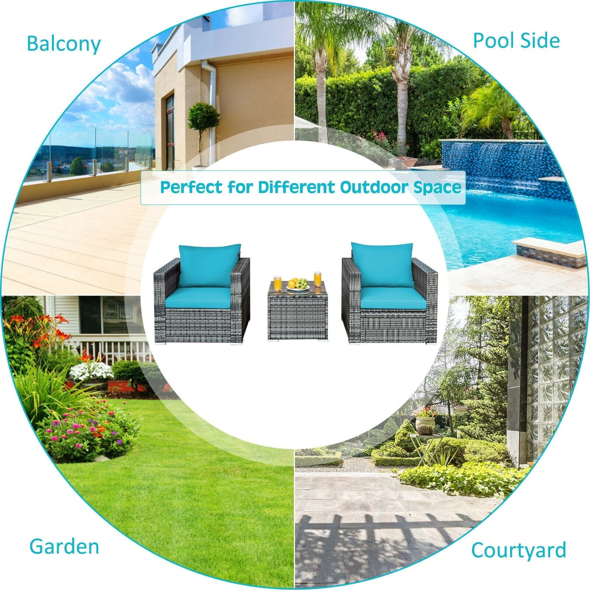 3 Pieces Patio Rattan Furniture Bistro Sofa Set with Cushioned-Turquoise view 3