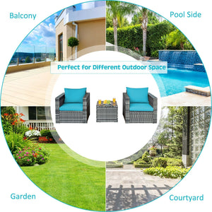 3 Pieces Patio Rattan Furniture Bistro Sofa Set with Cushioned-Turquoise view 3