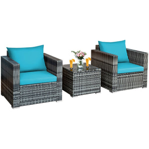 3 Pieces Patio Rattan Furniture Bistro Sofa Set with Cushioned-Turquoise view 4