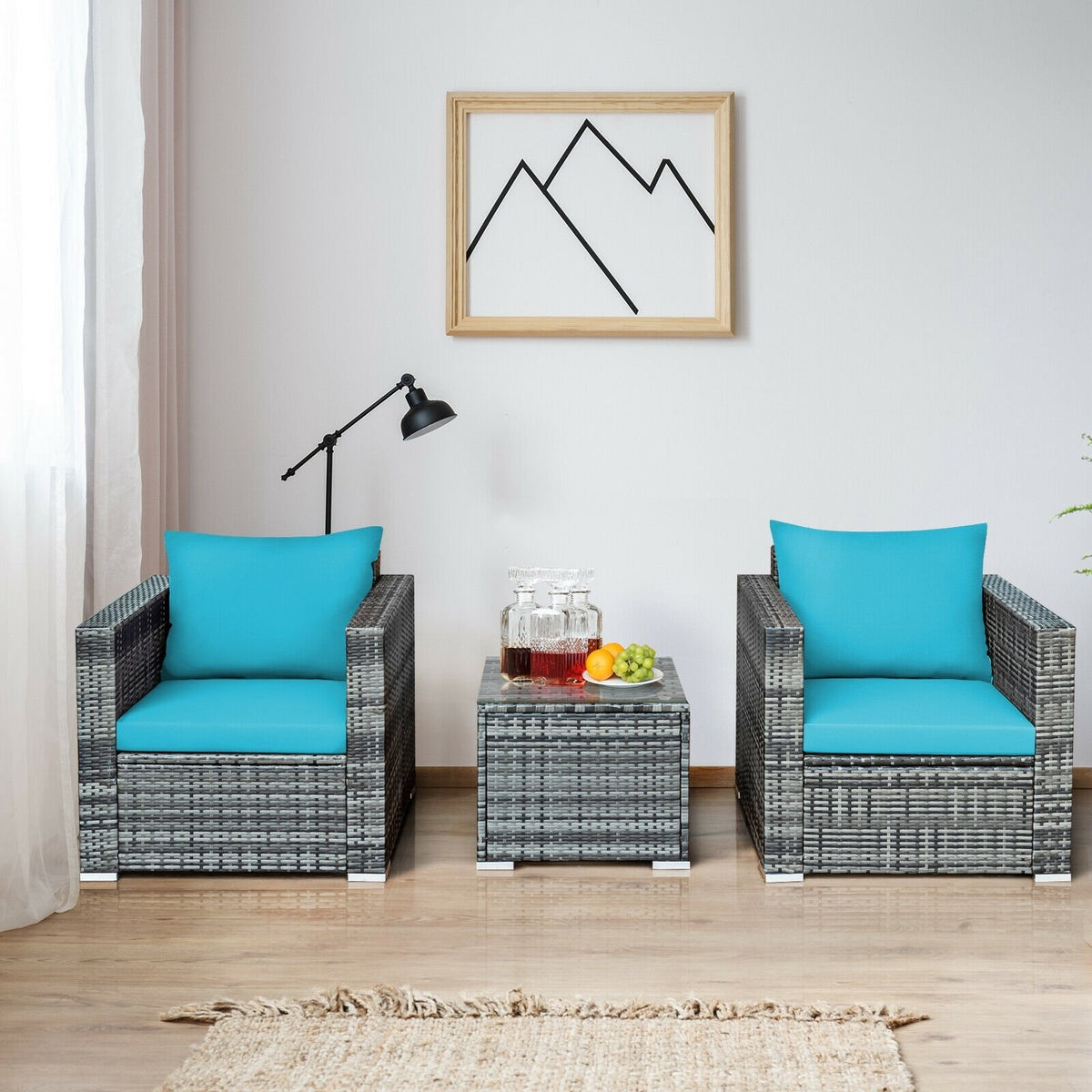 3 Pieces Patio Rattan Furniture Bistro Sofa Set with Cushioned-Turquoise view 7