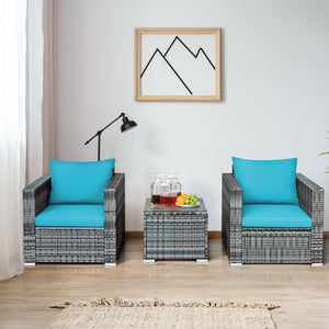 3 Pieces Patio Rattan Furniture Bistro Sofa Set with Cushioned-Turquoise view 7