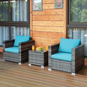 3 Pieces Patio Rattan Furniture Bistro Sofa Set with Cushioned-Turquoise view 8