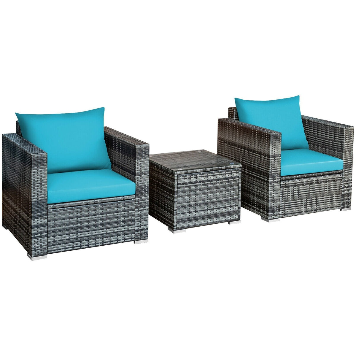 3 Pieces Patio Rattan Furniture Bistro Sofa Set with Cushioned-Turquoise view 9
