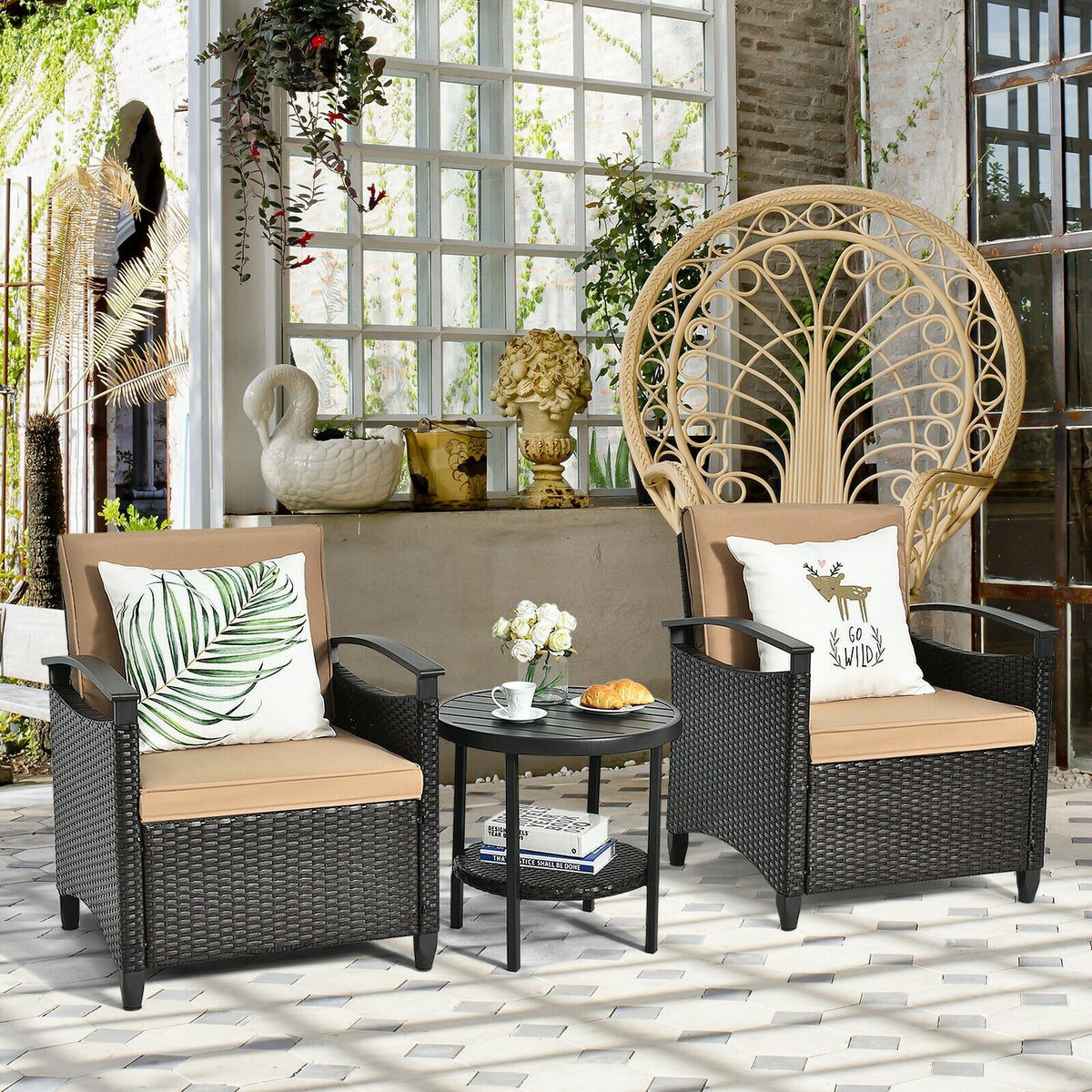 3 Pieces Patio Rattan Furniture Set Cushioned Sofa Storage Table with Shelf Garden view 2