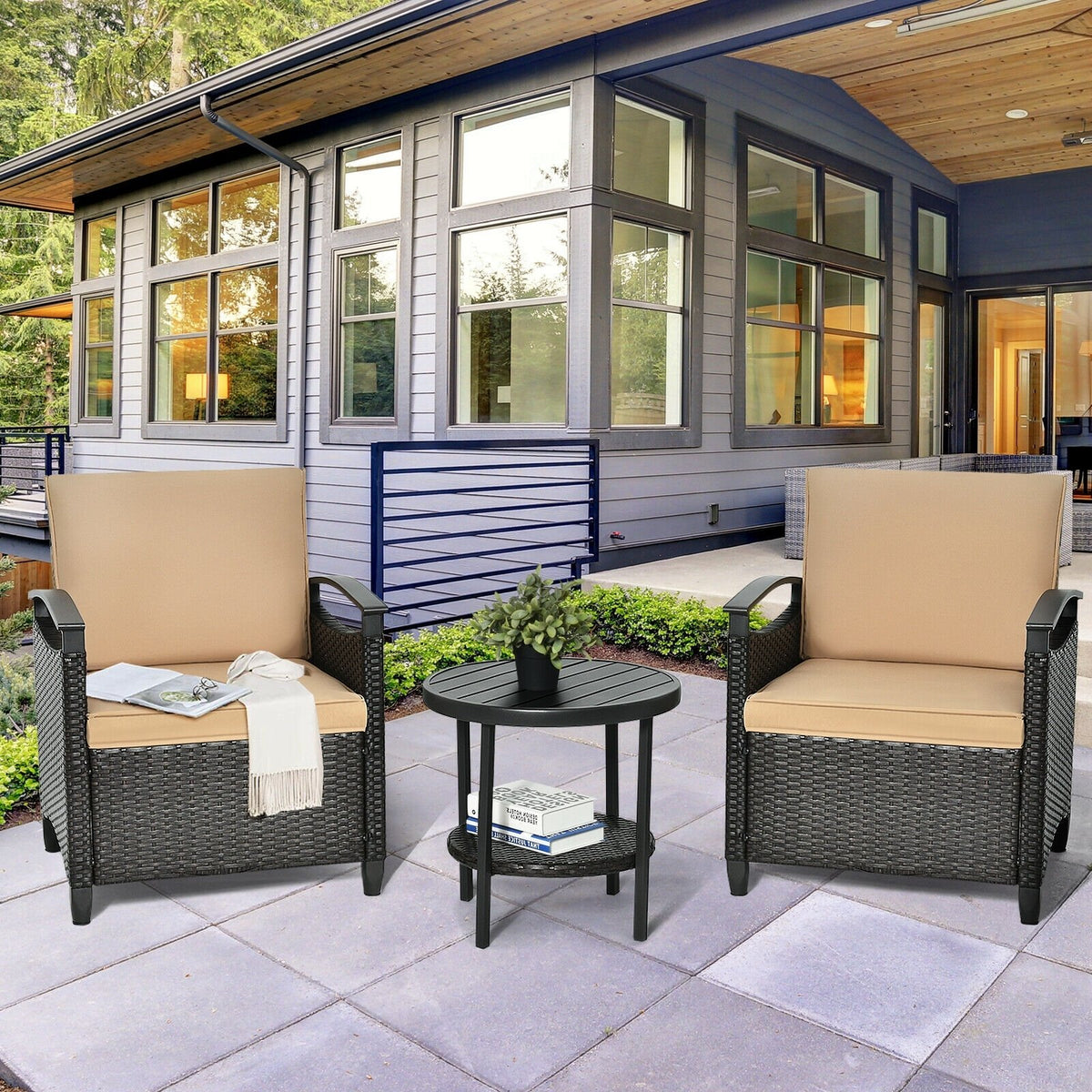 3 Pieces Patio Rattan Furniture Set Cushioned Sofa Storage Table with Shelf Garden view 3