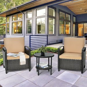 3 Pieces Patio Rattan Furniture Set Cushioned Sofa Storage Table with Shelf Garden view 3