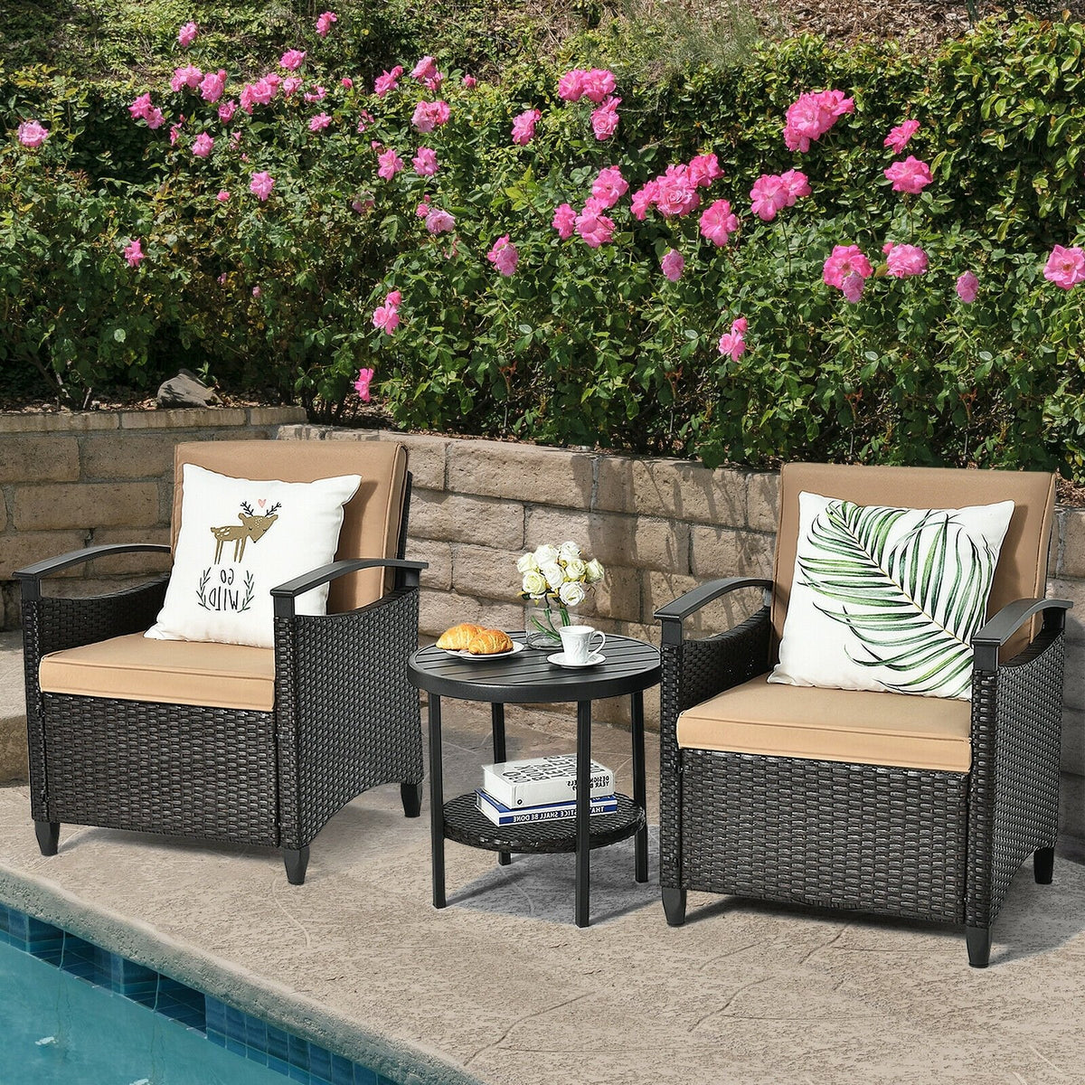 3 Pieces Patio Rattan Furniture Set Cushioned Sofa Storage Table with Shelf Garden view 4