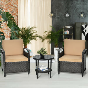 3 Pieces Patio Rattan Furniture Set Cushioned Sofa Storage Table with Shelf Garden view 5