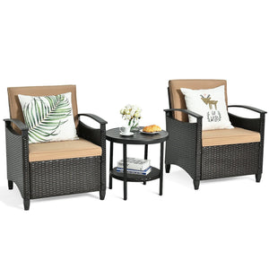 3 Pieces Patio Rattan Furniture Set Cushioned Sofa Storage Table with Shelf Garden view 6
