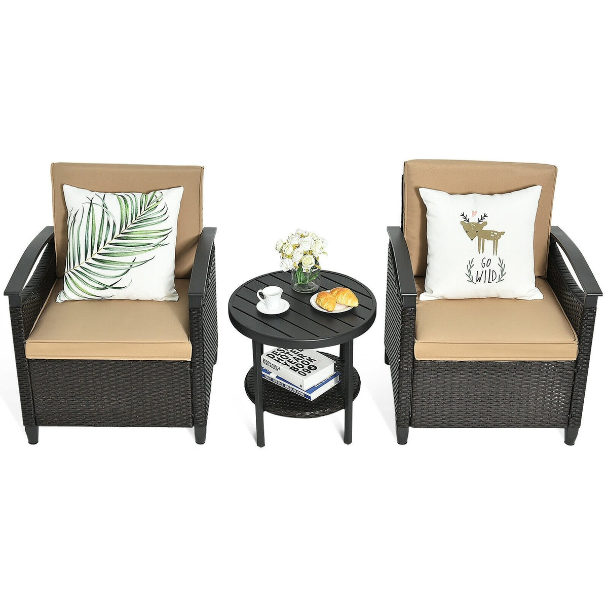 3 Pieces Patio Rattan Furniture Set Cushioned Sofa Storage Table with Shelf Garden view 7