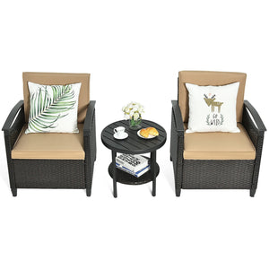3 Pieces Patio Rattan Furniture Set Cushioned Sofa Storage Table with Shelf Garden view 7