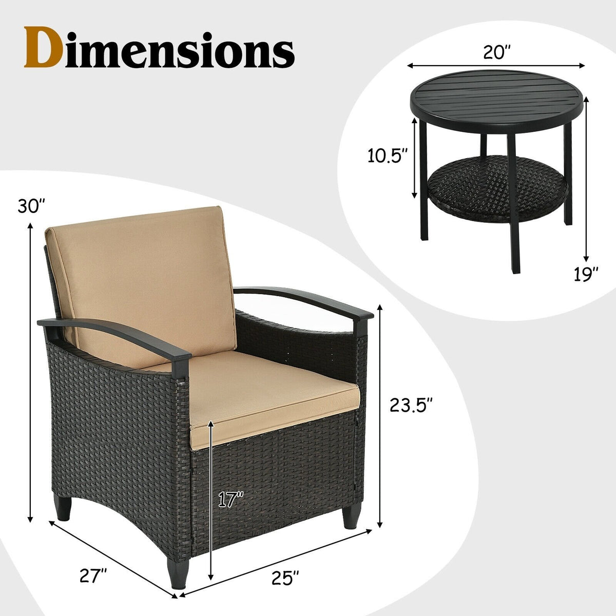 3 Pieces Patio Rattan Furniture Set Cushioned Sofa Storage Table with Shelf Garden view 8