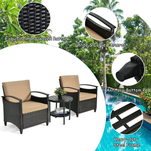 3 Pieces Patio Rattan Furniture Set Cushioned Sofa Storage Table with Shelf Garden view 9