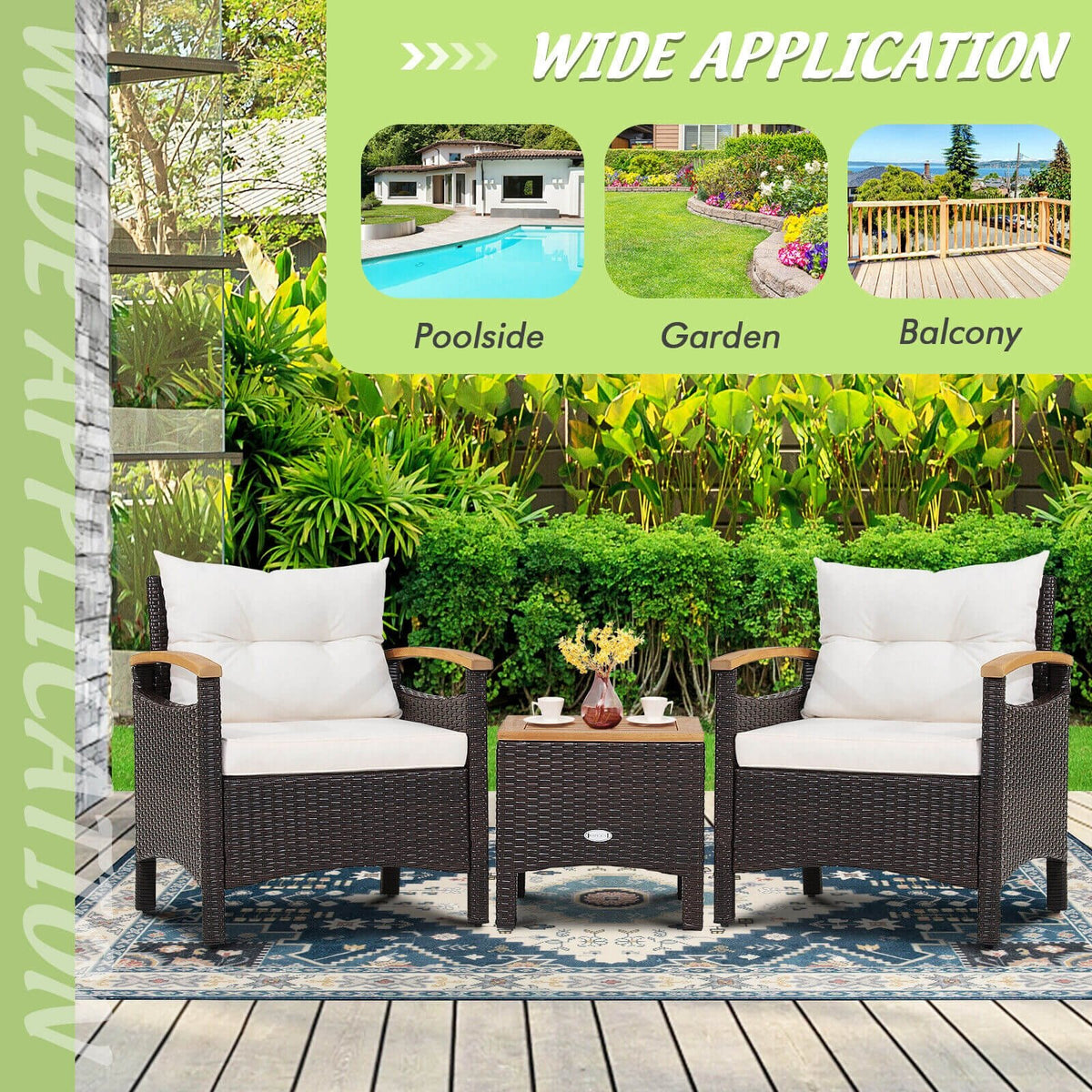 3 Pieces Patio Rattan Furniture Set with Removable Cushion-Off White view 5