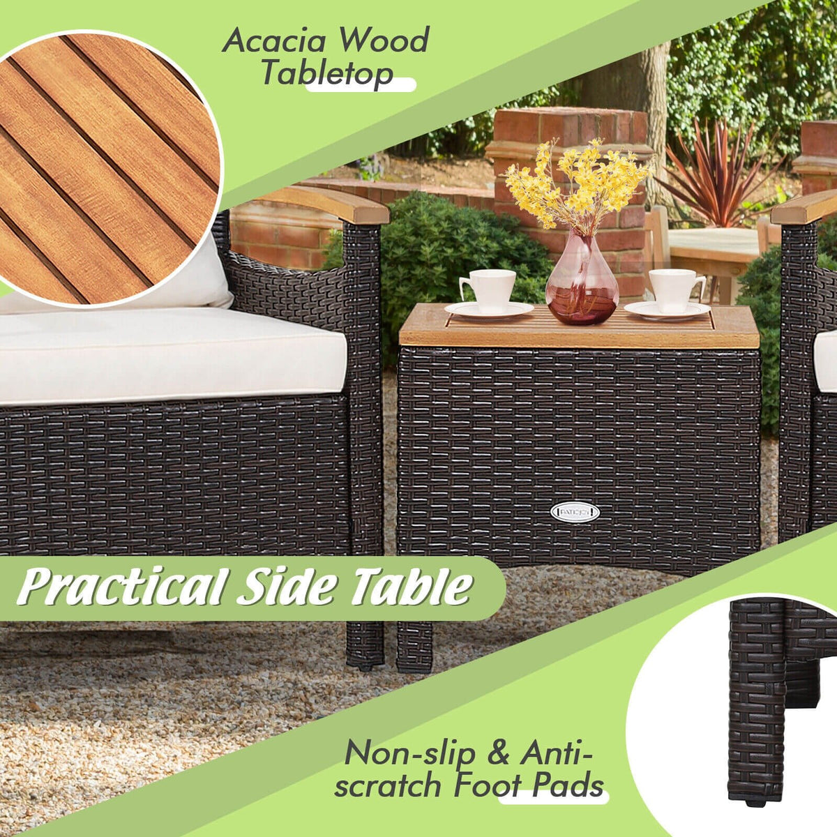 3 Pieces Patio Rattan Furniture Set with Removable Cushion-Off White view 6
