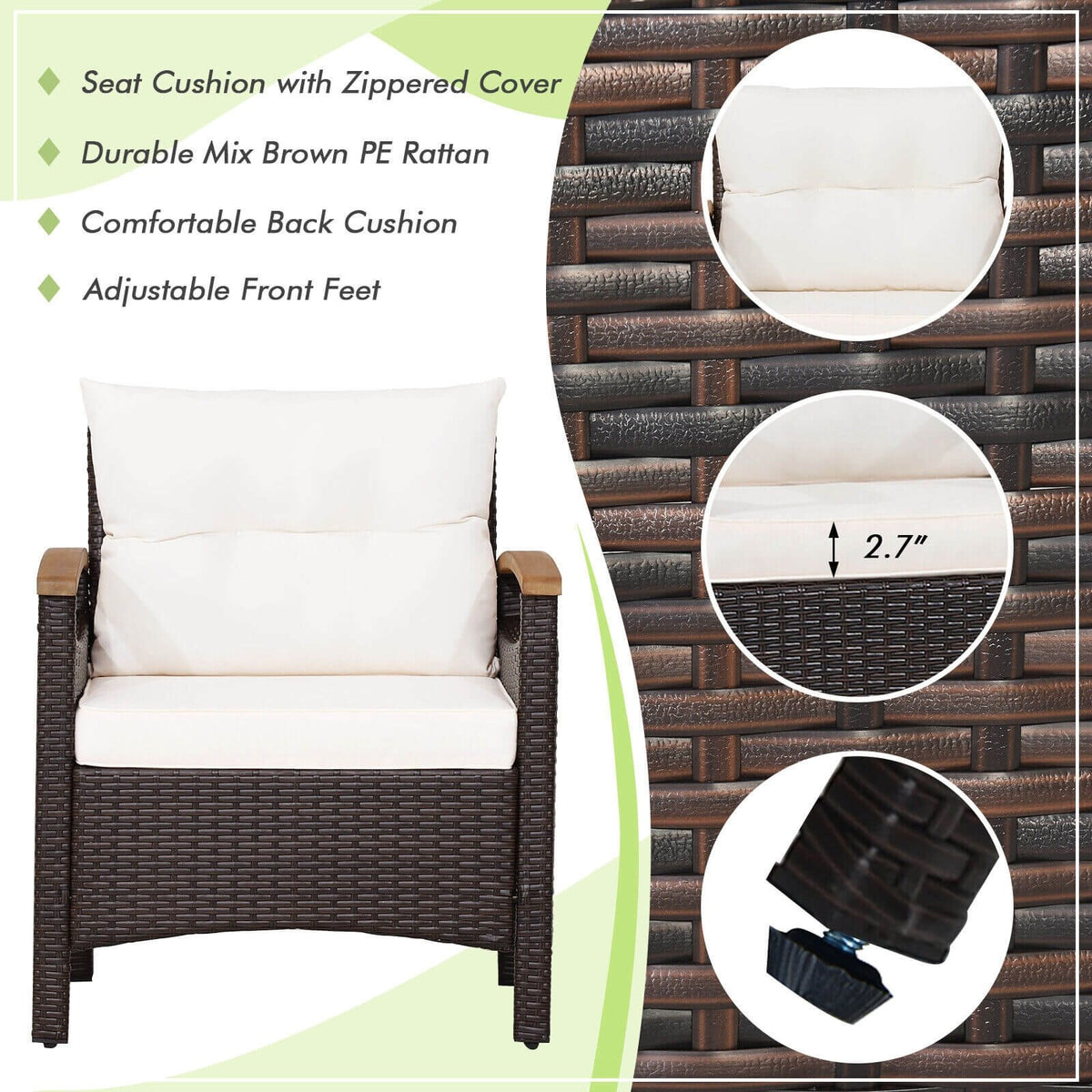 3 Pieces Patio Rattan Furniture Set with Removable Cushion-Off White view 9