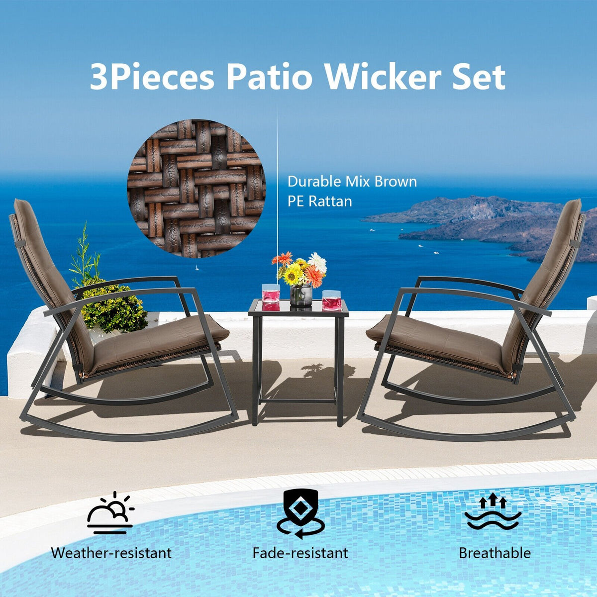 3 Pieces Patio Rattan Rocking Furniture Set-Brown view 3