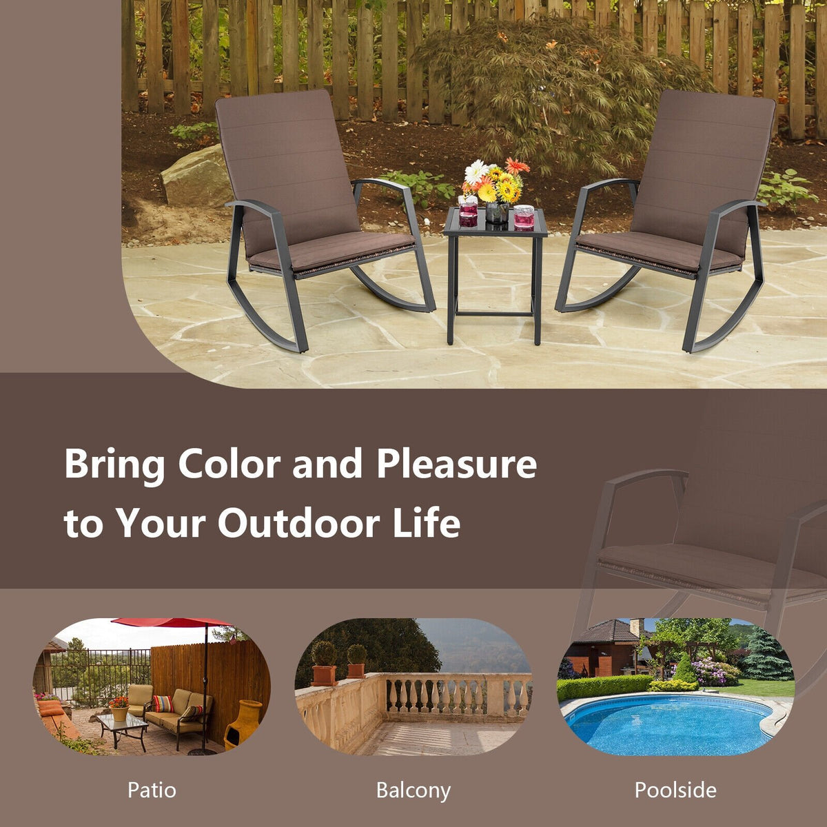 3 Pieces Patio Rattan Rocking Furniture Set-Brown view 9