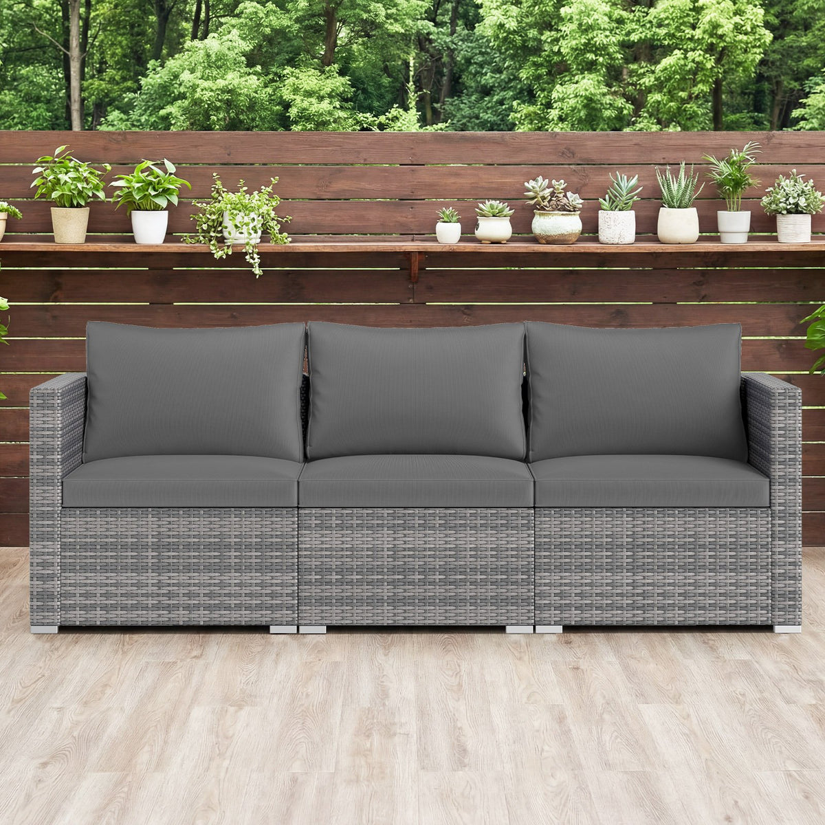 3 Pieces Patio Sectional Sofa Set PE Rattan Modular Couch Furniture Set with Soft Cushions-Gray view 2