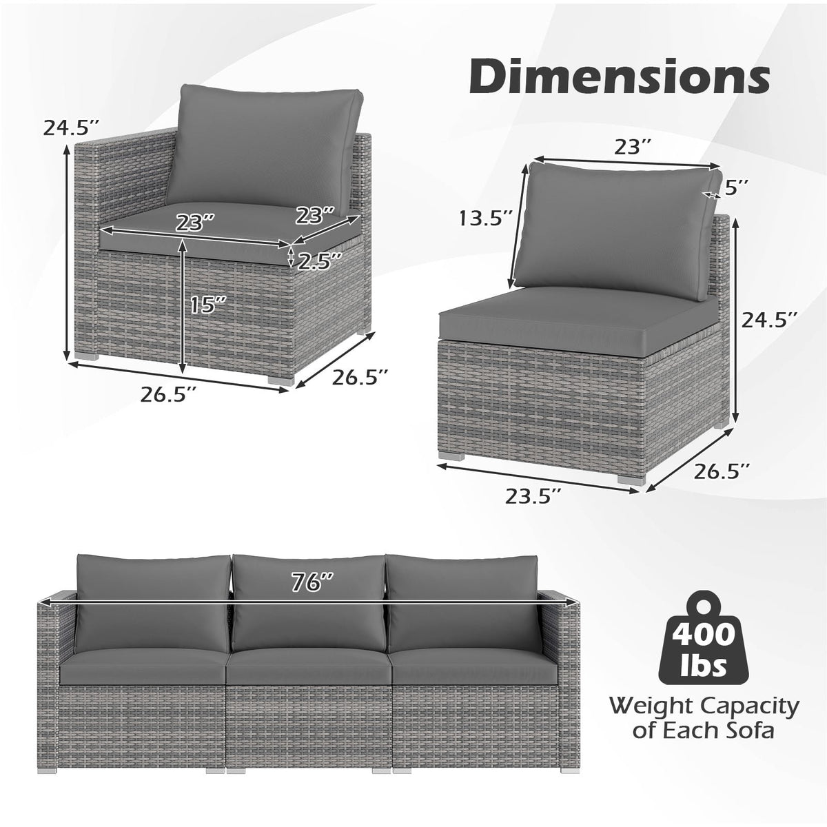 3 Pieces Patio Sectional Sofa Set PE Rattan Modular Couch Furniture Set with Soft Cushions-Gray view 5