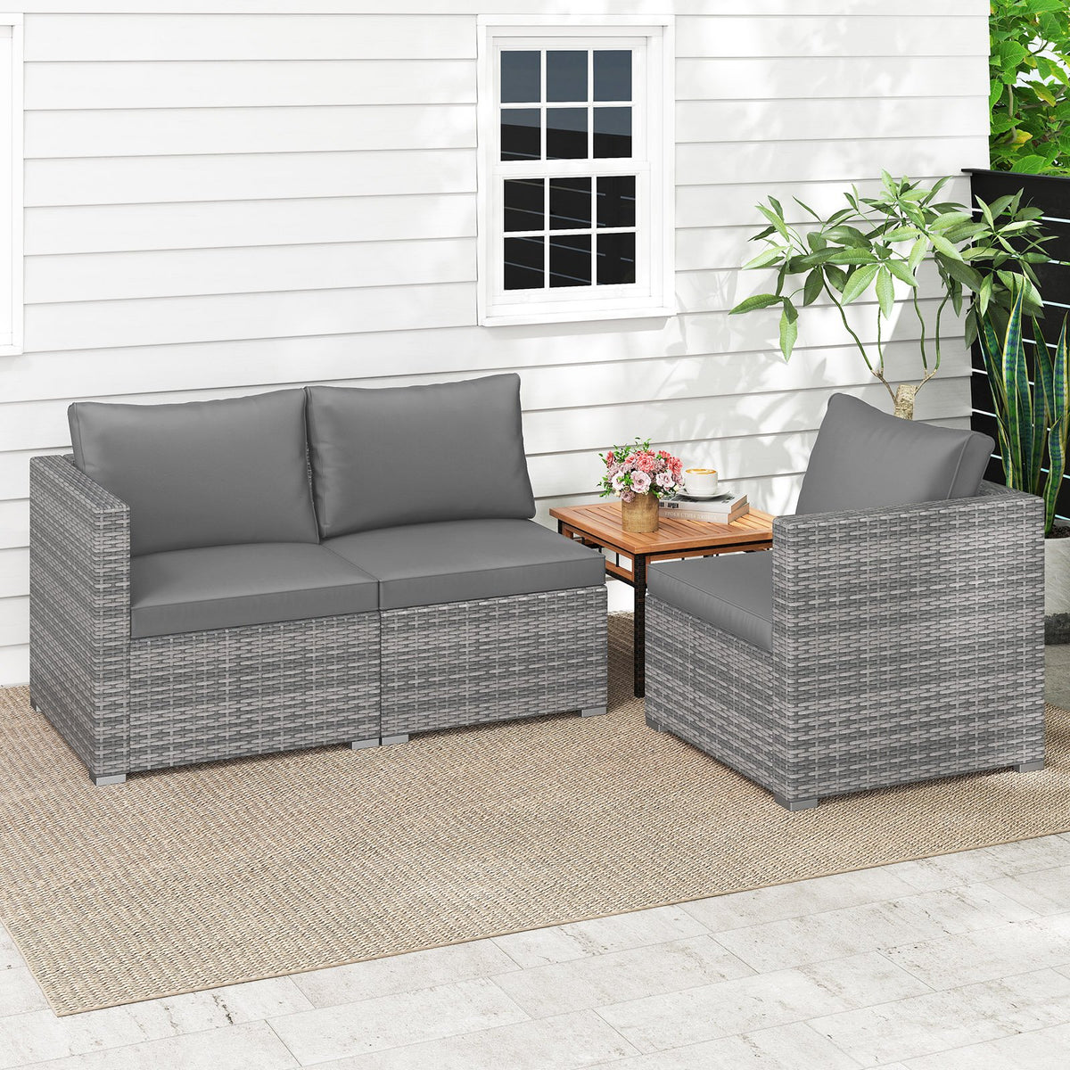 3 Pieces Patio Sectional Sofa Set PE Rattan Modular Couch Furniture Set with Soft Cushions-Gray view 7