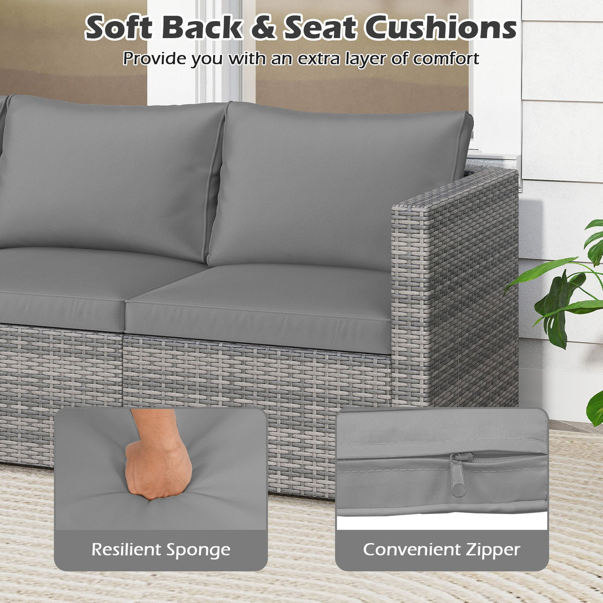 3 Pieces Patio Sectional Sofa Set PE Rattan Modular Couch Furniture Set with Soft Cushions-Gray view 9