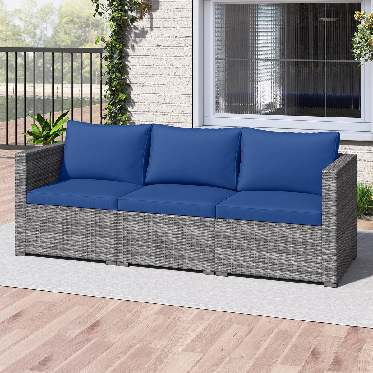 3 Pieces Patio Sectional Sofa Set PE Rattan Modular Couch Furniture Set with Soft Cushions-Navy view 3