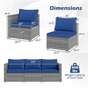 3 Pieces Patio Sectional Sofa Set PE Rattan Modular Couch Furniture Set with Soft Cushions-Navy view 5