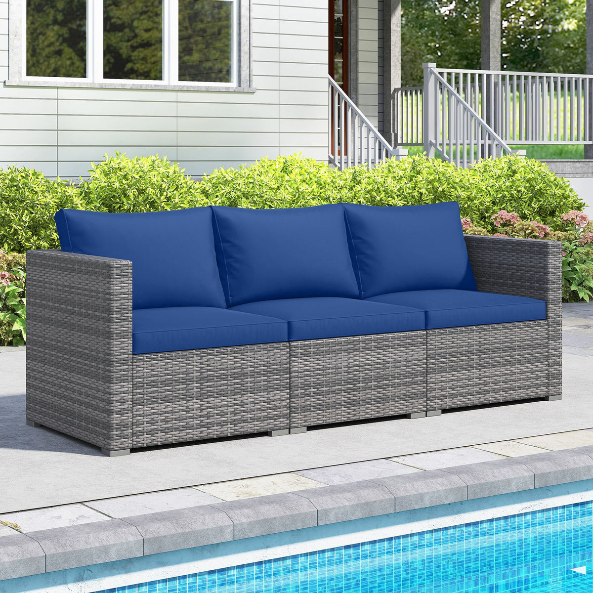 3 Pieces Patio Sectional Sofa Set PE Rattan Modular Couch Furniture Set with Soft Cushions-Navy view 6