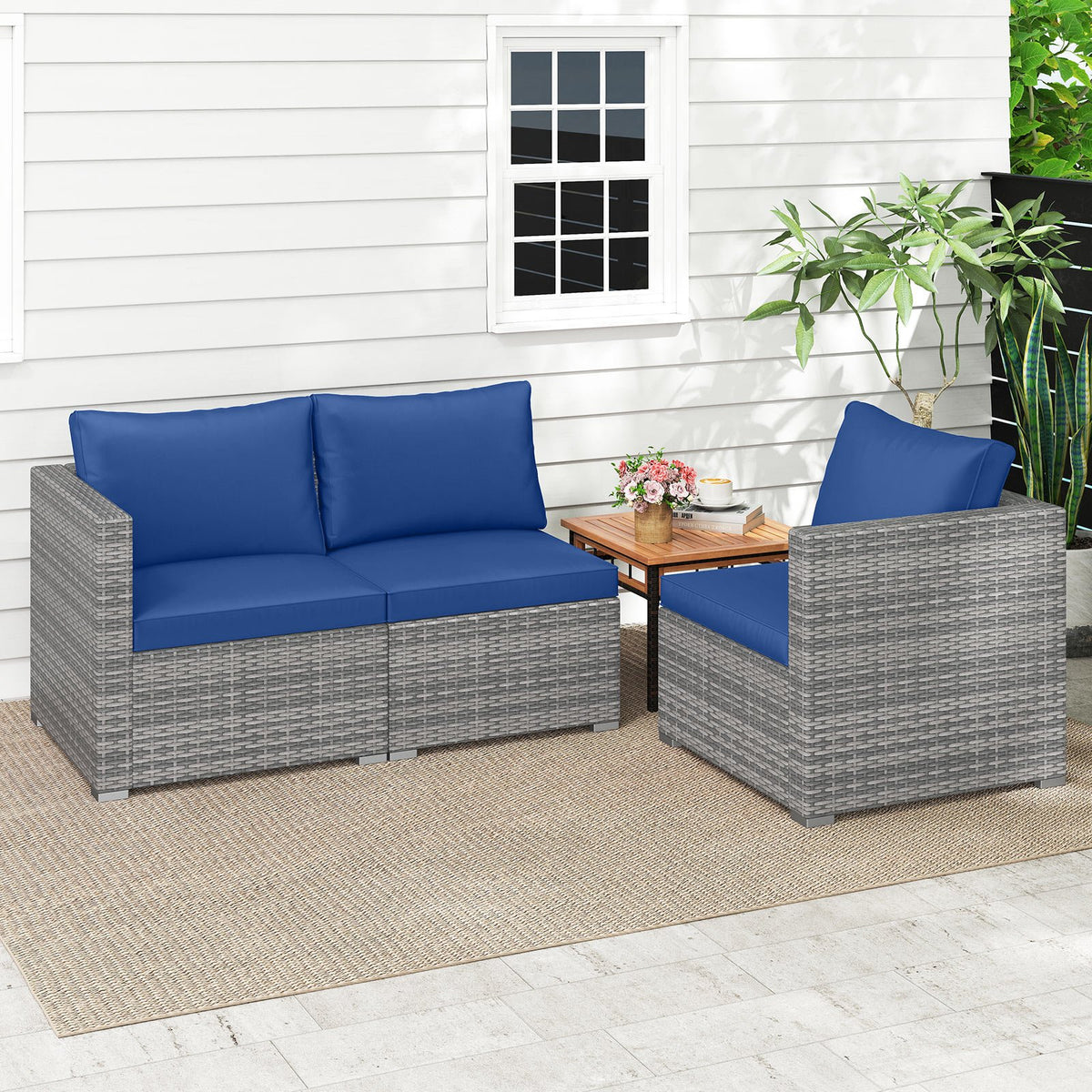 3 Pieces Patio Sectional Sofa Set PE Rattan Modular Couch Furniture Set with Soft Cushions-Navy view 7
