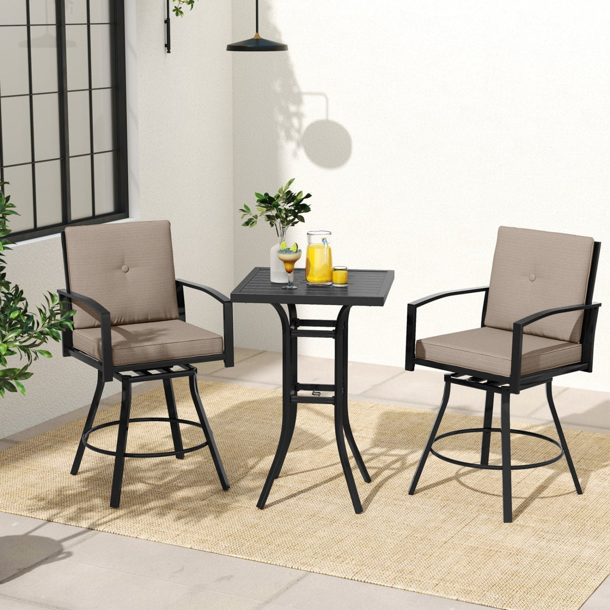 3 Pieces Patio Swivel Bar Set with Soft Cushions and Umbrella Hole-Brown view 6