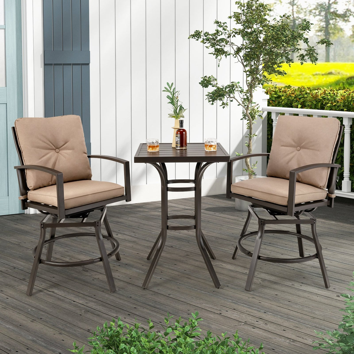 3 Pieces Patio Swivel Bar Table Set with Removable Cushions and Rustproof Metal Frame view 2