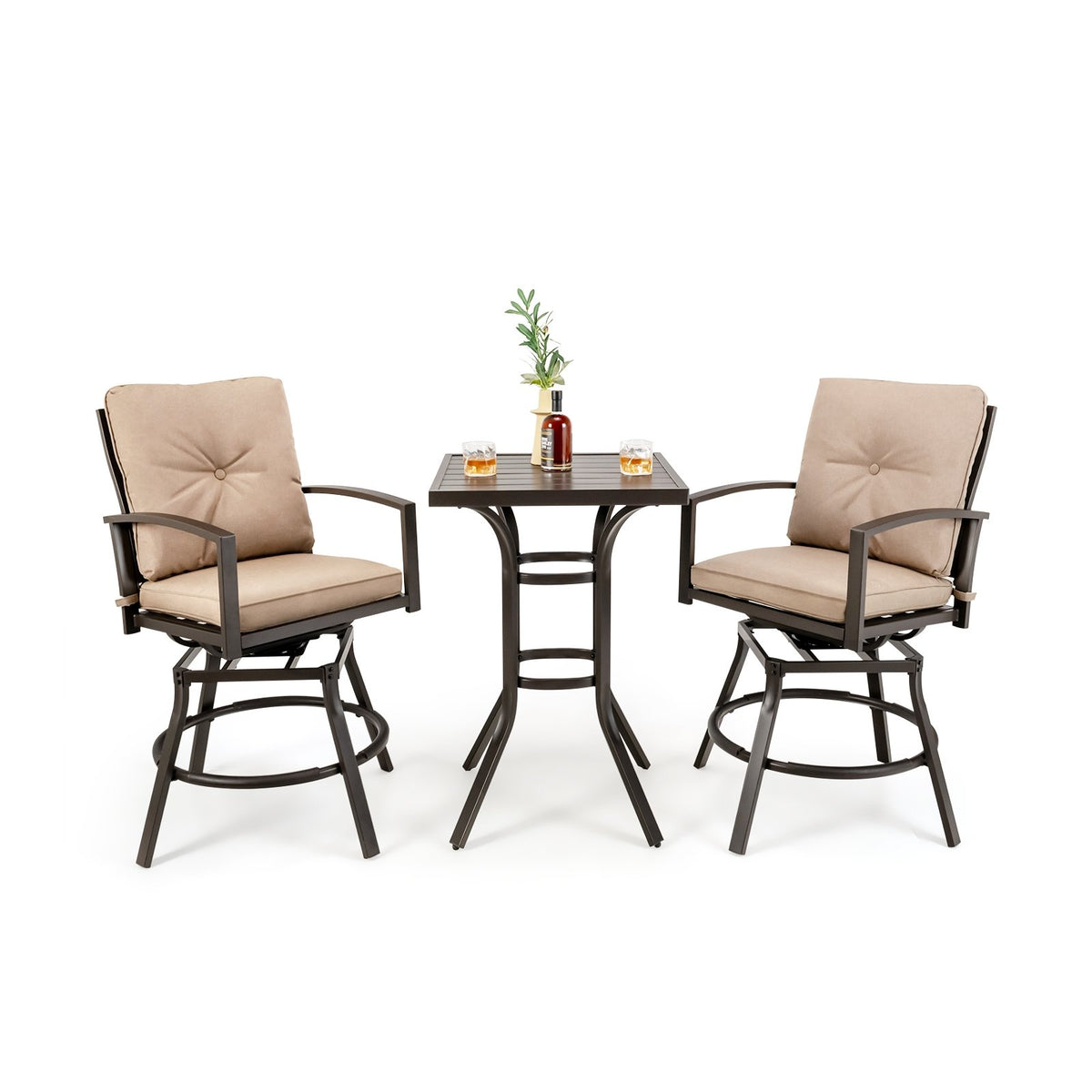 3 Pieces Patio Swivel Bar Table Set with Removable Cushions and Rustproof Metal Frame view 4