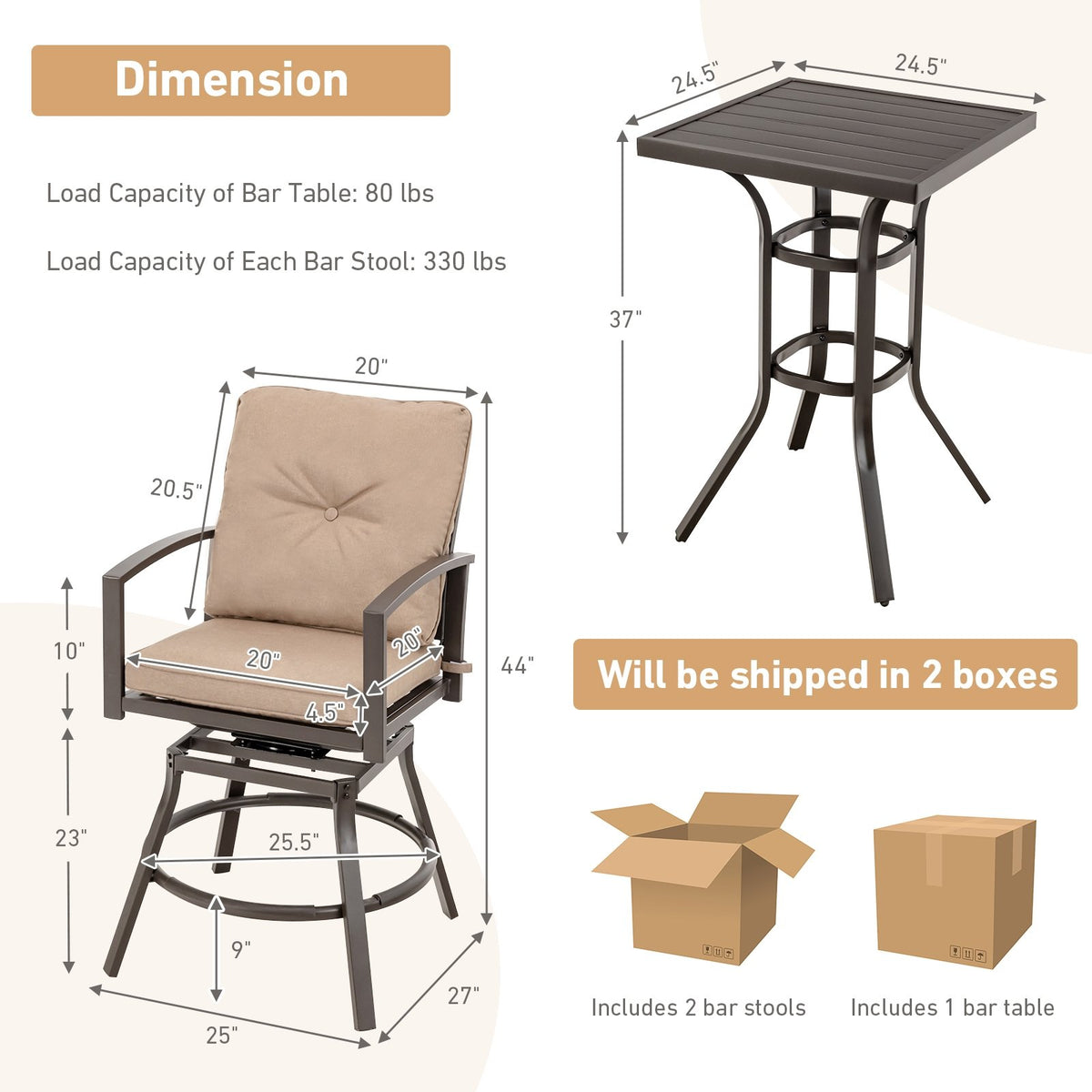 3 Pieces Patio Swivel Bar Table Set with Removable Cushions and Rustproof Metal Frame view 5