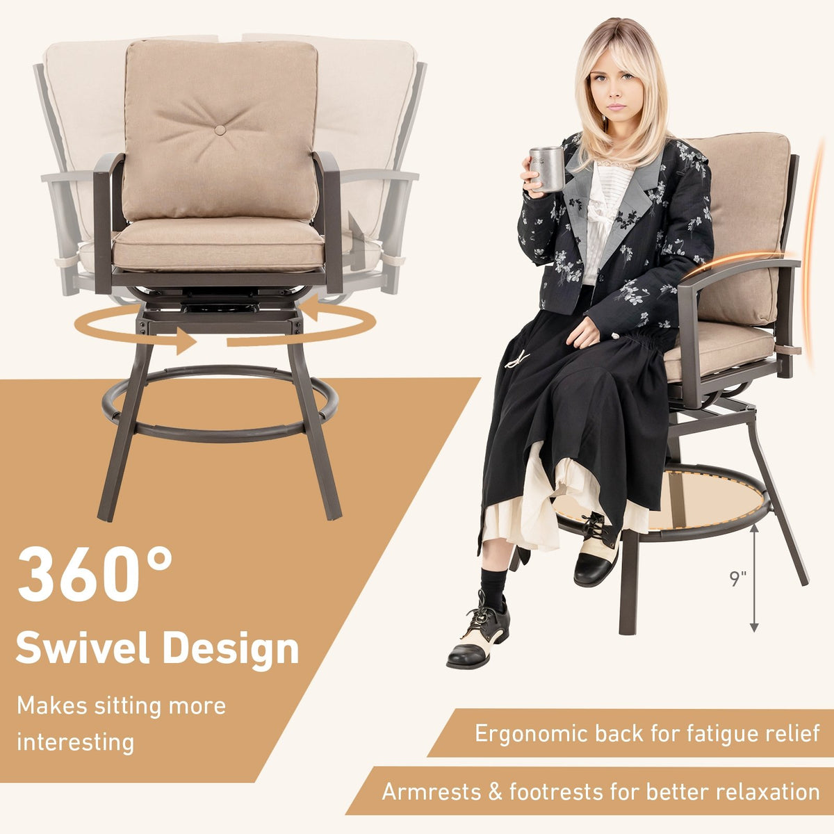 3 Pieces Patio Swivel Bar Table Set with Removable Cushions and Rustproof Metal Frame view 8