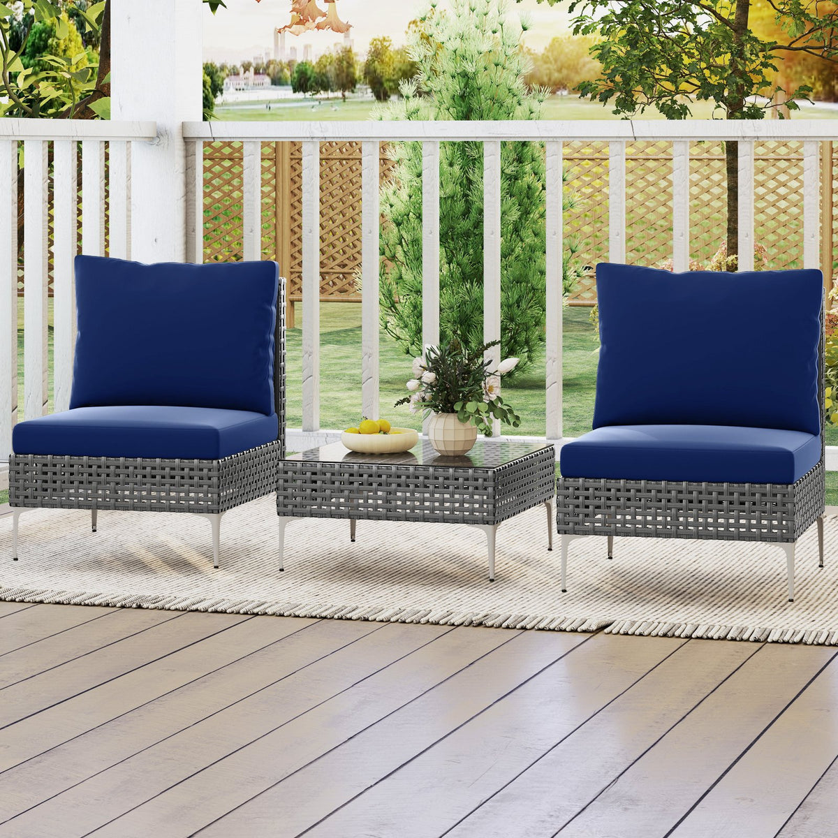 3 Pieces PE Rattan Conversation Chairs with Tempered Glass Coffee Table for Garden Porch-Navy view 2