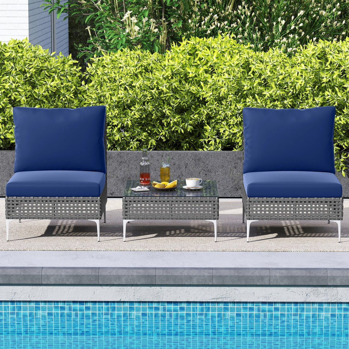 3 Pieces PE Rattan Conversation Chairs with Tempered Glass Coffee Table for Garden Porch-Navy view 3