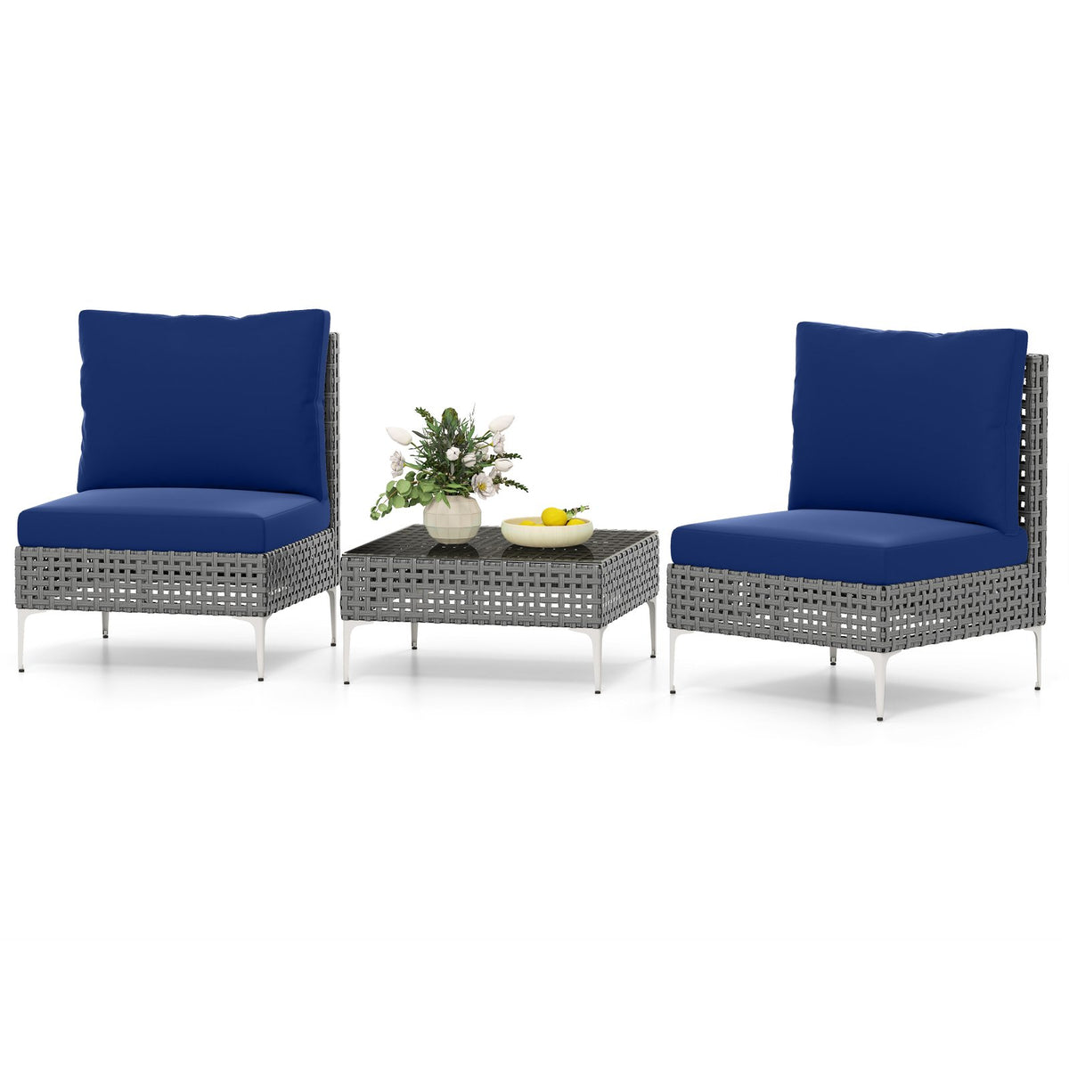 3 Pieces PE Rattan Conversation Chairs with Tempered Glass Coffee Table for Garden Porch-Navy view 4