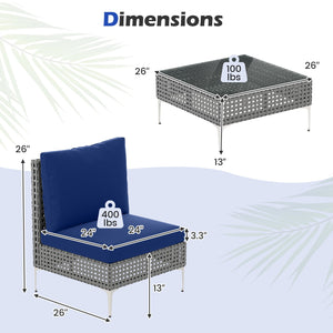 3 Pieces PE Rattan Conversation Chairs with Tempered Glass Coffee Table for Garden Porch-Navy view 5