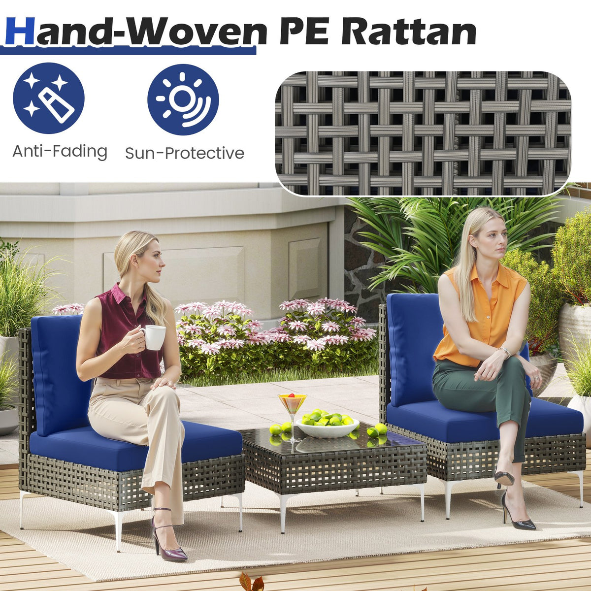 3 Pieces PE Rattan Conversation Chairs with Tempered Glass Coffee Table for Garden Porch-Navy view 7