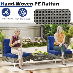 3 Pieces PE Rattan Conversation Chairs with Tempered Glass Coffee Table for Garden Porch-Navy view 7