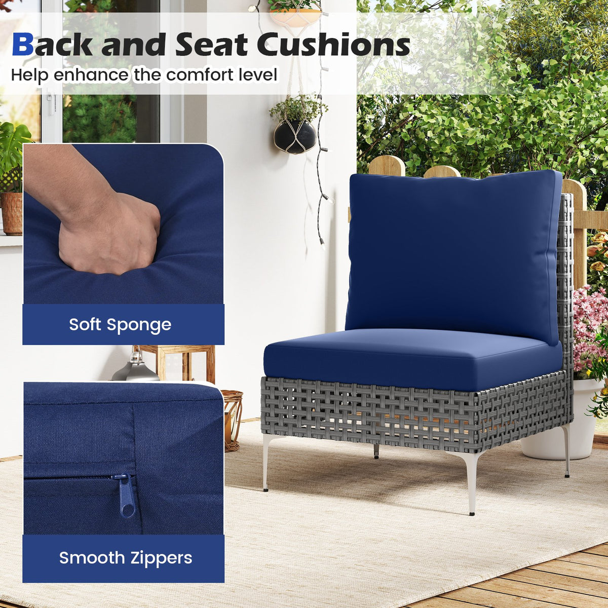 3 Pieces PE Rattan Conversation Chairs with Tempered Glass Coffee Table for Garden Porch-Navy view 9