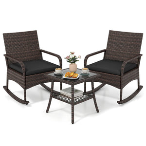 3 Pieces PE Wicker Rocking Bistro Set with 2-Tier Side Table Cushions and Ergonomic Armchairs for Porch-Black