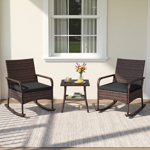 3 Pieces PE Wicker Rocking Bistro Set with 2-Tier Side Table Cushions and Ergonomic Armchairs for Porch-Black view 2