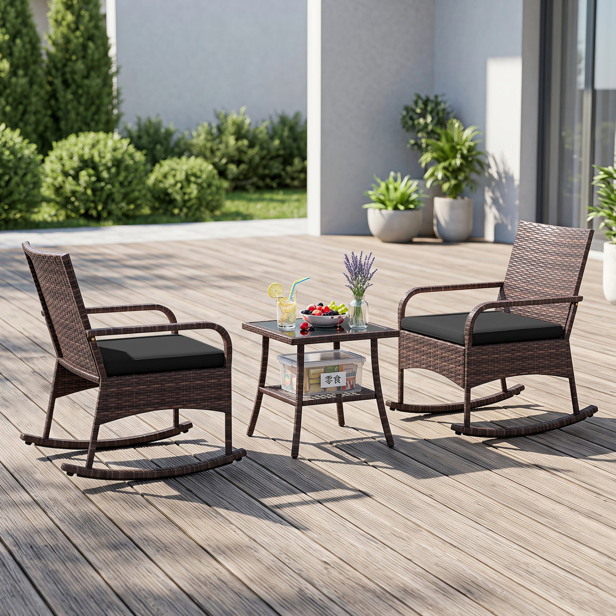 3 Pieces PE Wicker Rocking Bistro Set with 2-Tier Side Table Cushions and Ergonomic Armchairs for Porch-Black view 3
