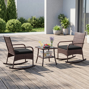 3 Pieces PE Wicker Rocking Bistro Set with 2-Tier Side Table Cushions and Ergonomic Armchairs for Porch-Black view 3