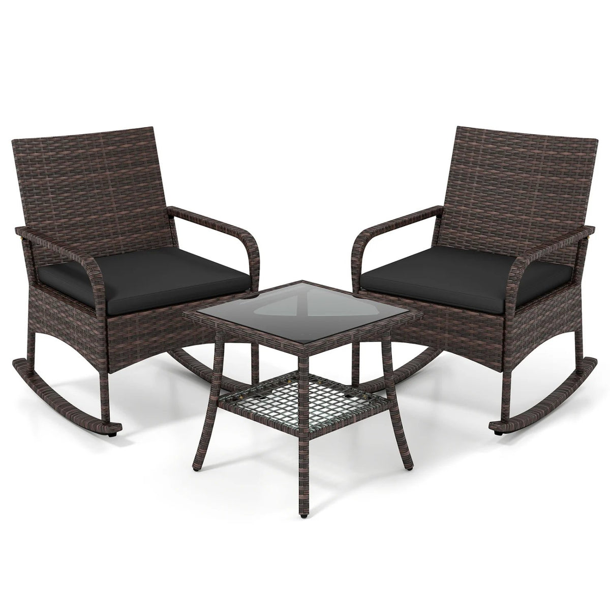 3 Pieces PE Wicker Rocking Bistro Set with 2-Tier Side Table Cushions and Ergonomic Armchairs for Porch-Black view 4