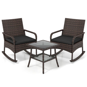 3 Pieces PE Wicker Rocking Bistro Set with 2-Tier Side Table Cushions and Ergonomic Armchairs for Porch-Black view 4